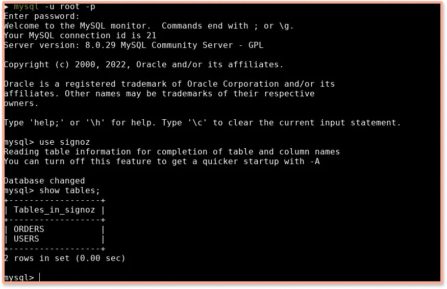 Screenshot of terminal showing MySQL database working
