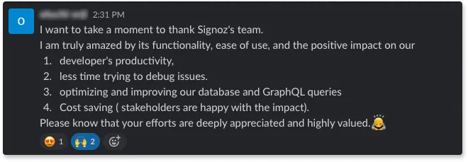 User appreciating SigNoz