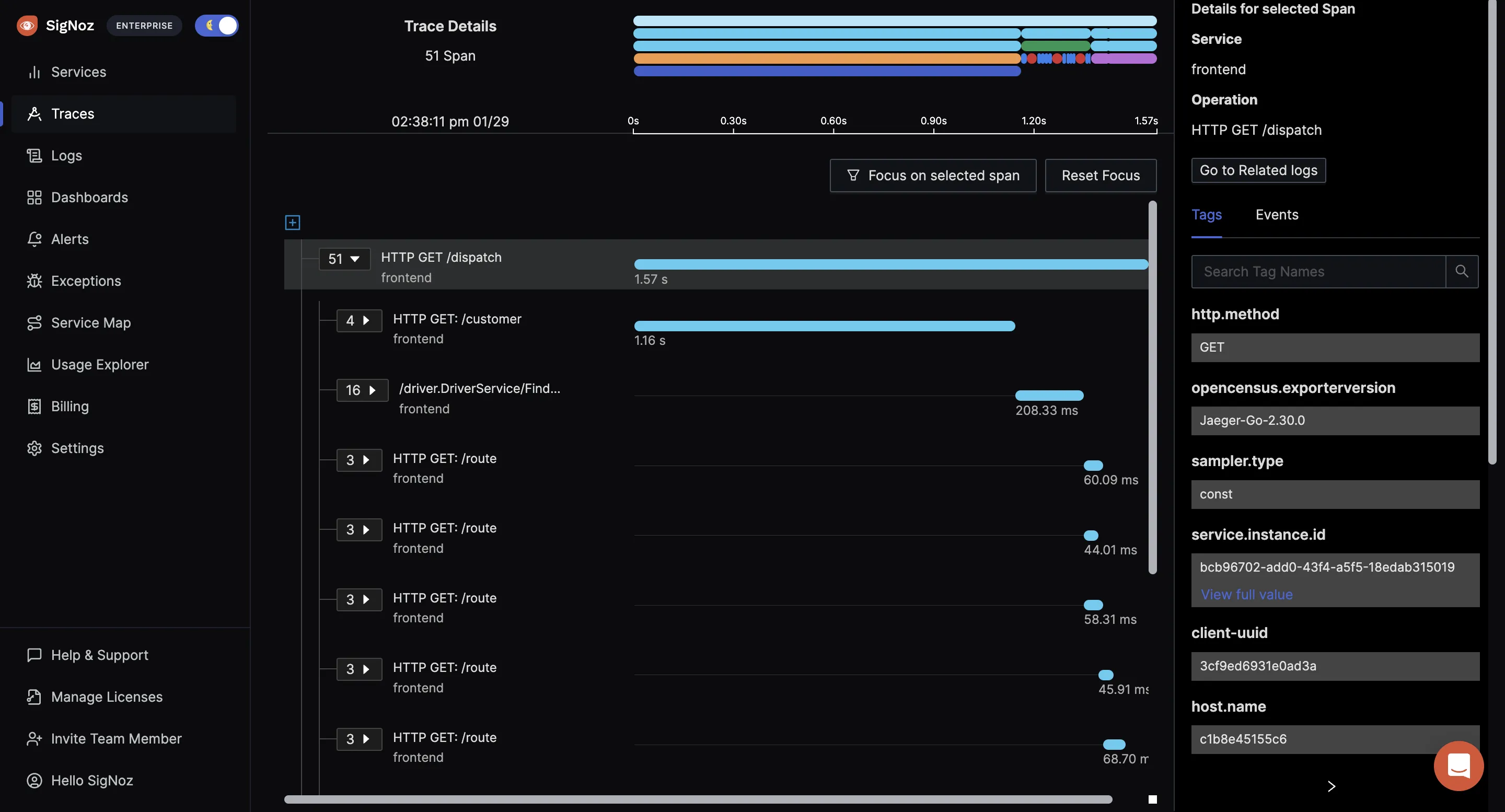 SigNoz dashboard showing trace data