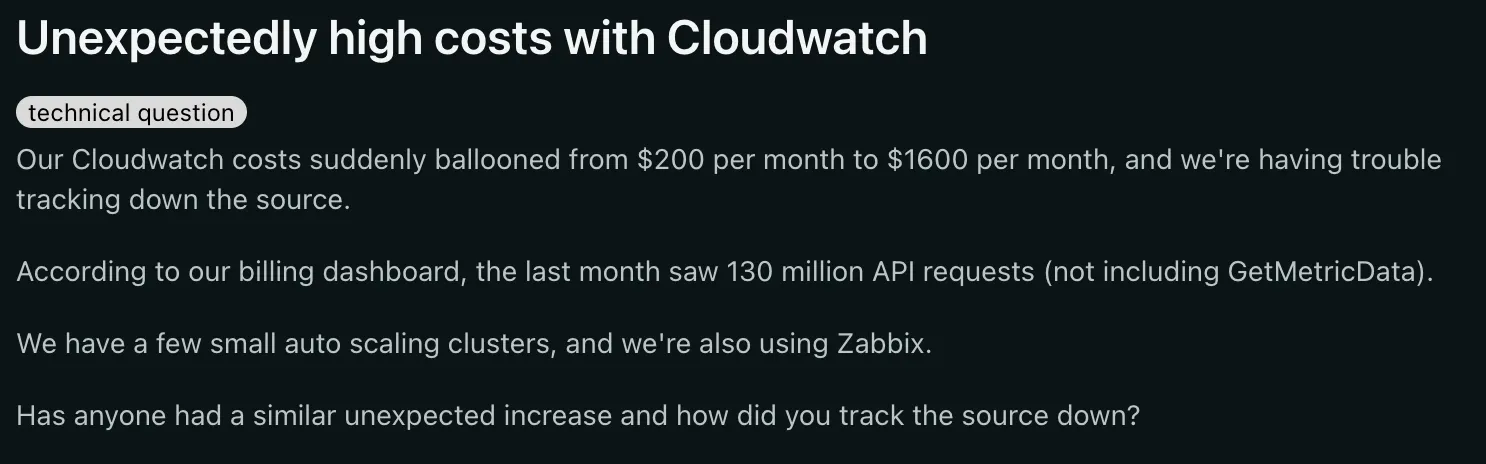 Users discussing high costs with Cloudwatch