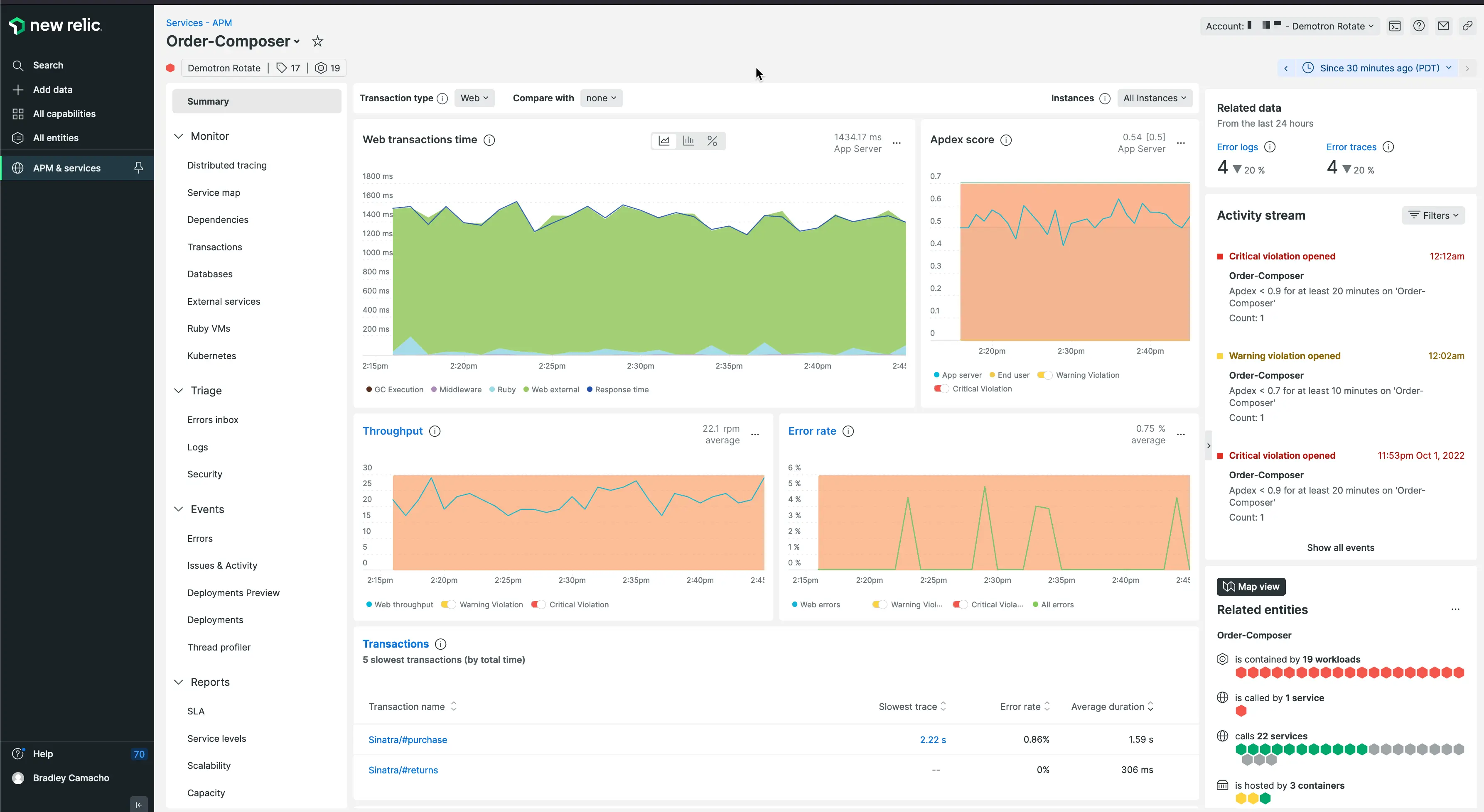 Observability tool - New Relic dashboard