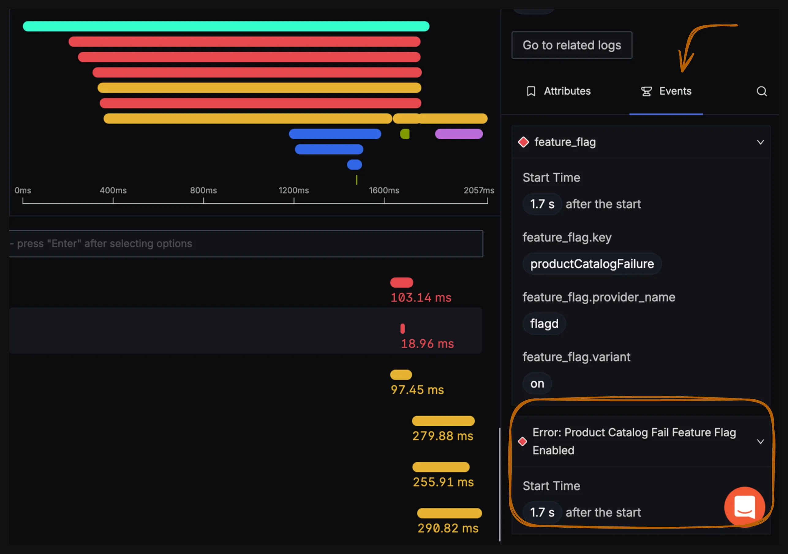 Events Tab for a particular trace, showing cause of failure