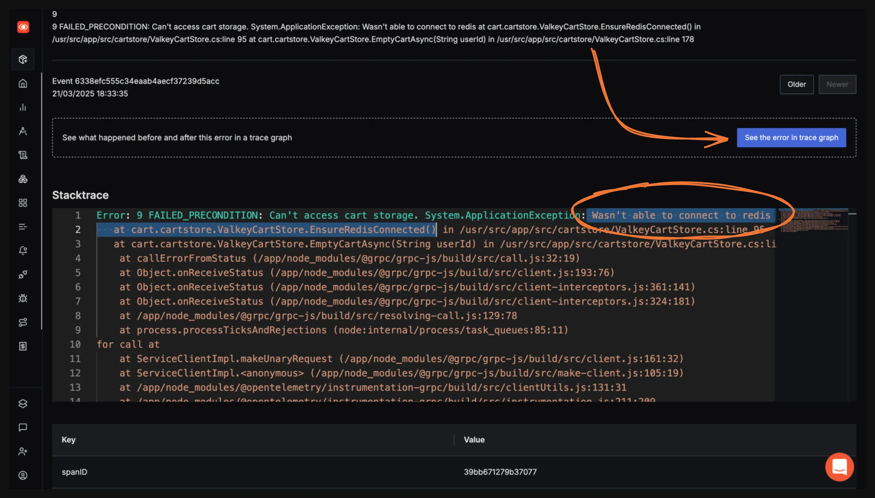 Exception details showing cart service cannot connect to Redis
