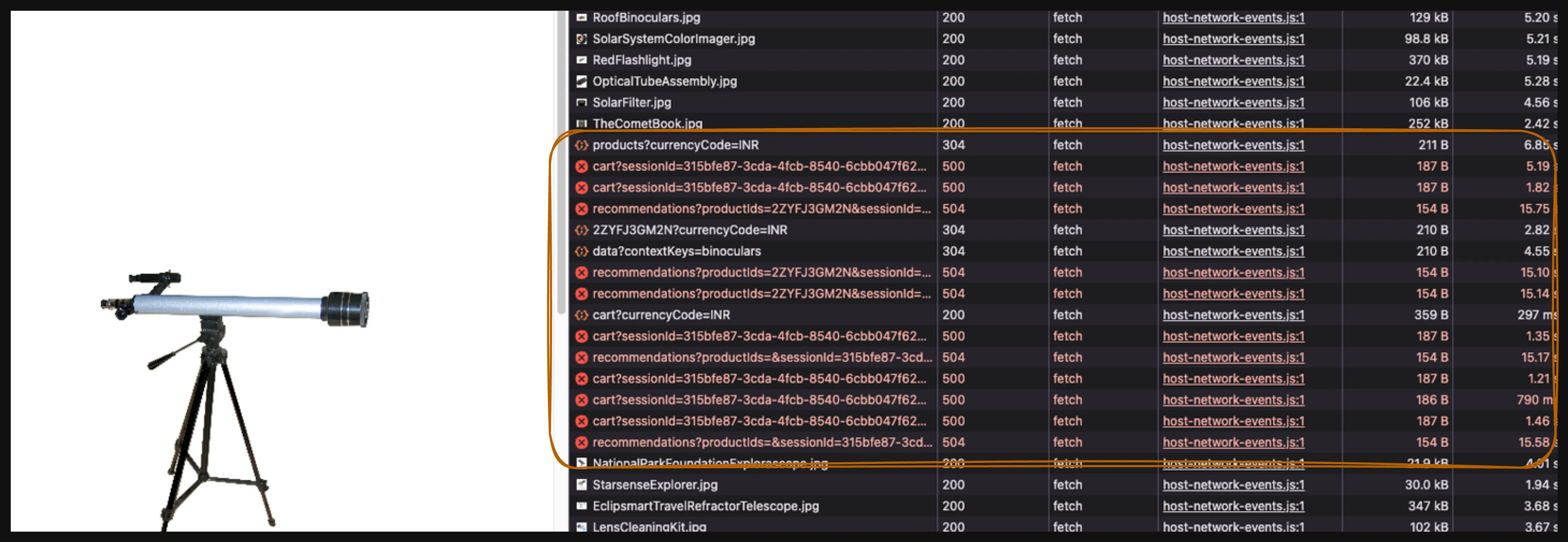 Network tab of OTel Demo App after enabling productCatalogFailure flag