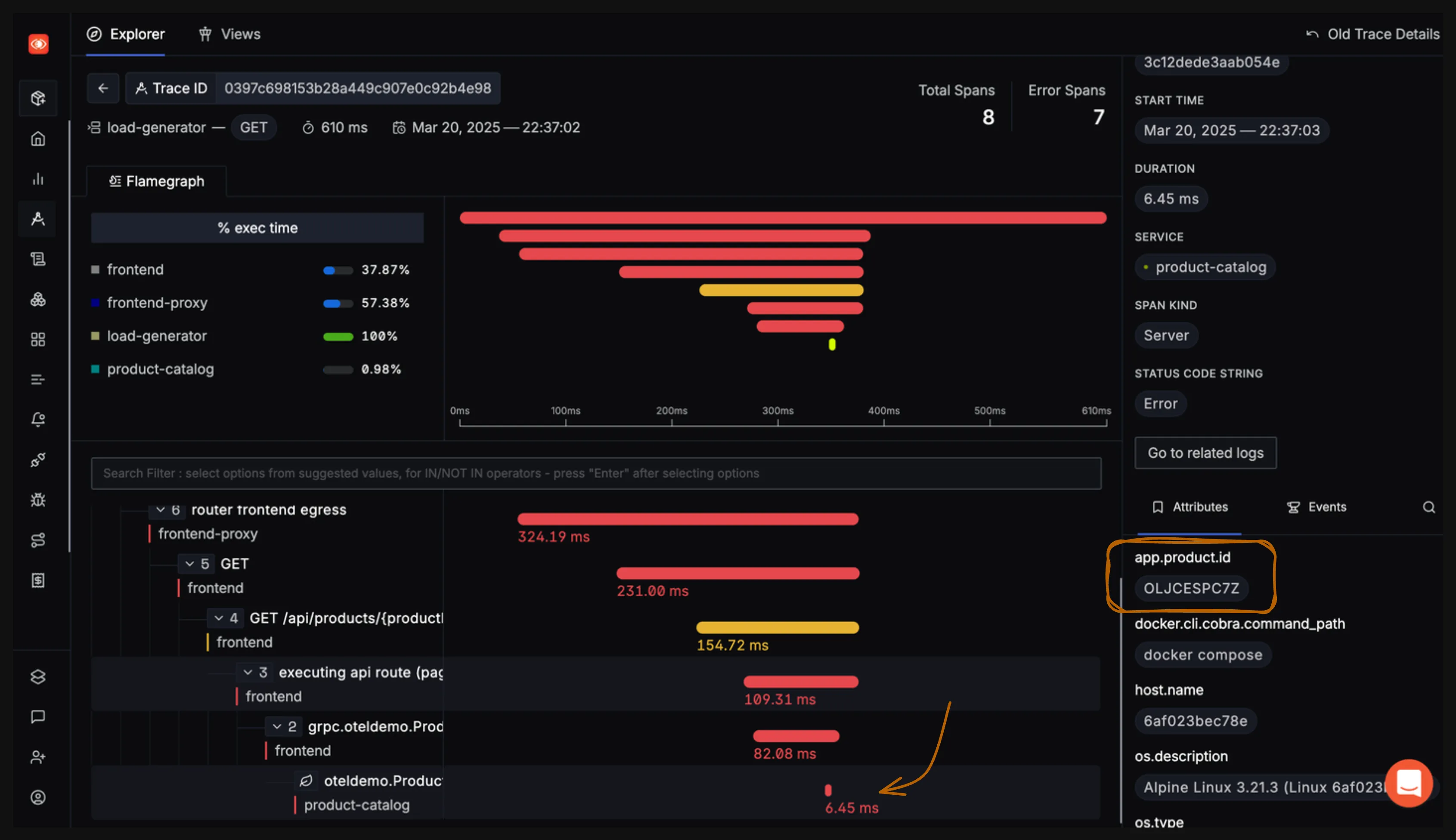 Detailed trace view with flame graph and span details emphasising a specific product id which likely causes failure
