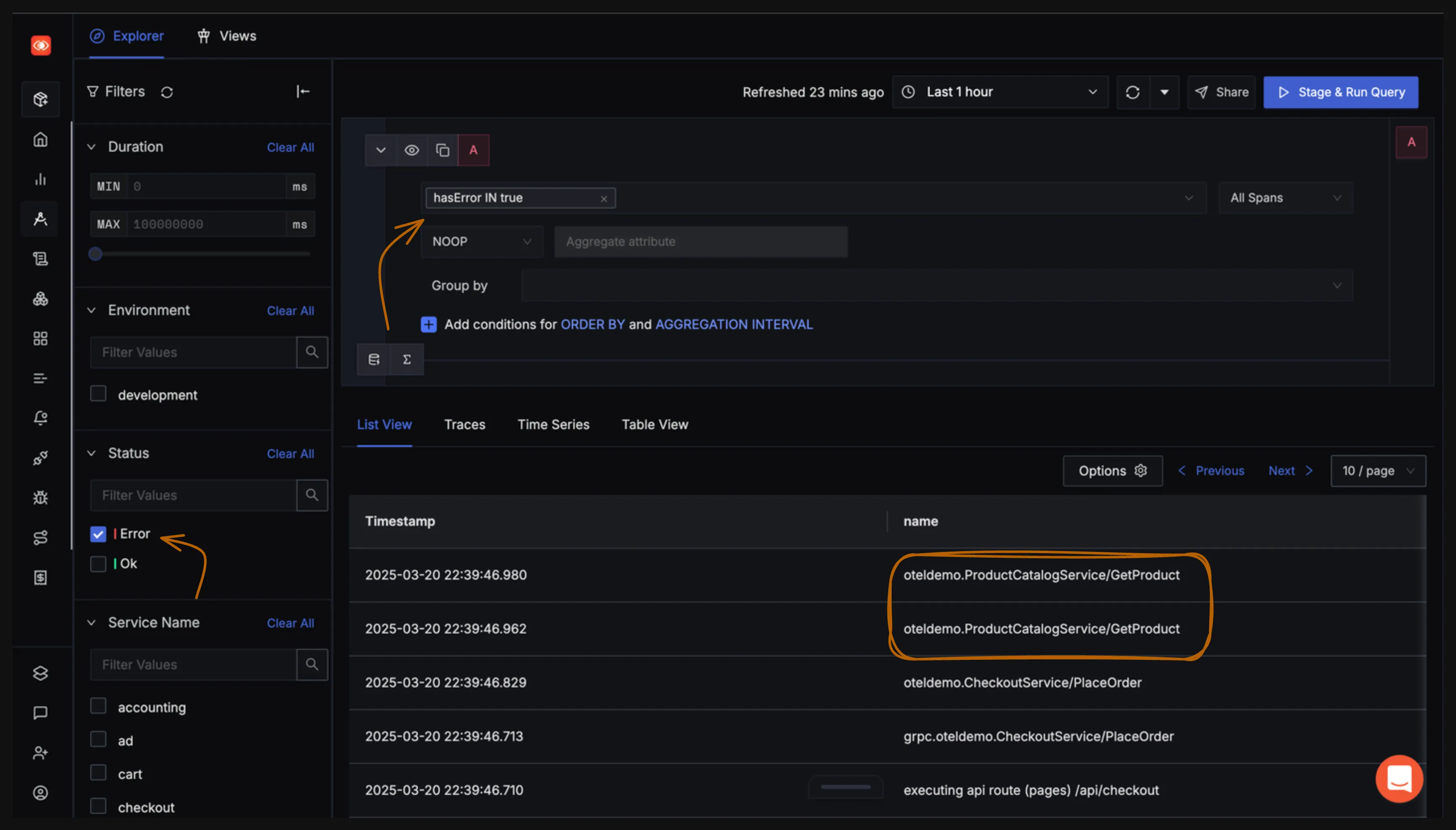 Traces explorer with Error filter applied and subsequent query output