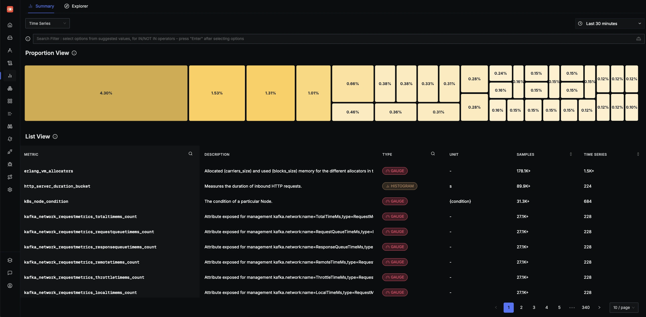 Metrics Explorer summary view showing all ingested metrics and their types.