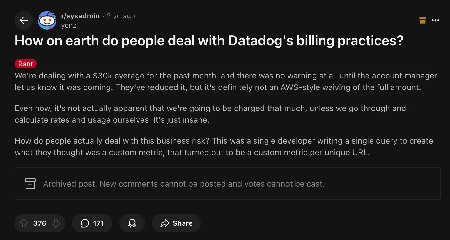 Surprise bills are one of the common complaints againts Datadog (Source: Reddit)
