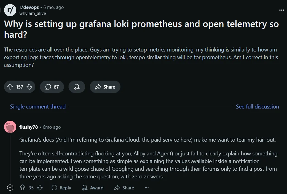 A reddit thread regarding the complexity of setting up Grafana