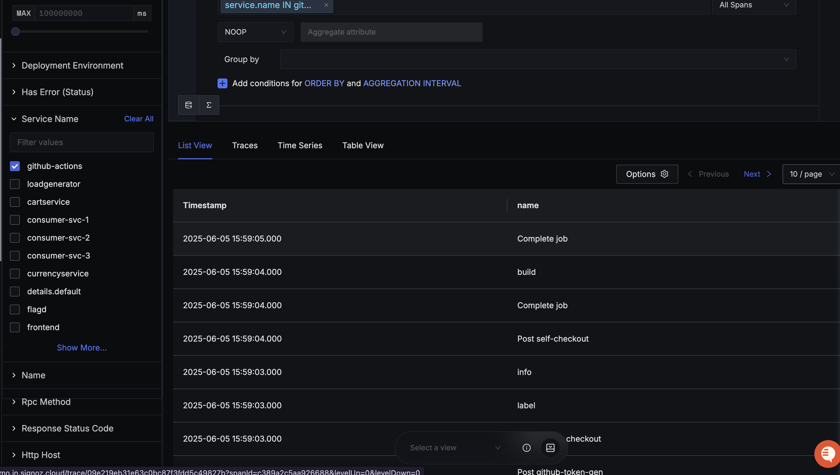 Traces from github actions