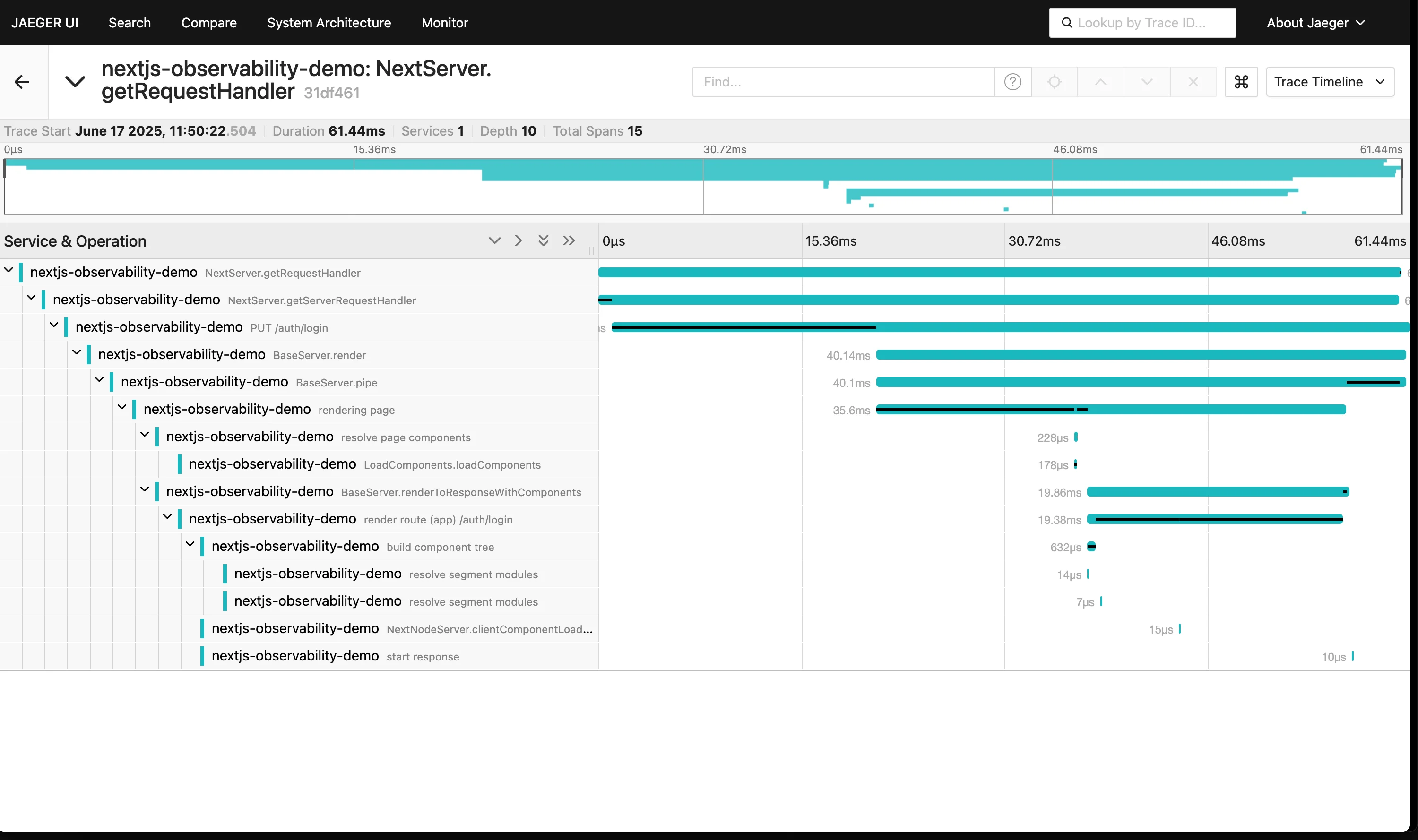 Example NextJS trace in Jaeger
