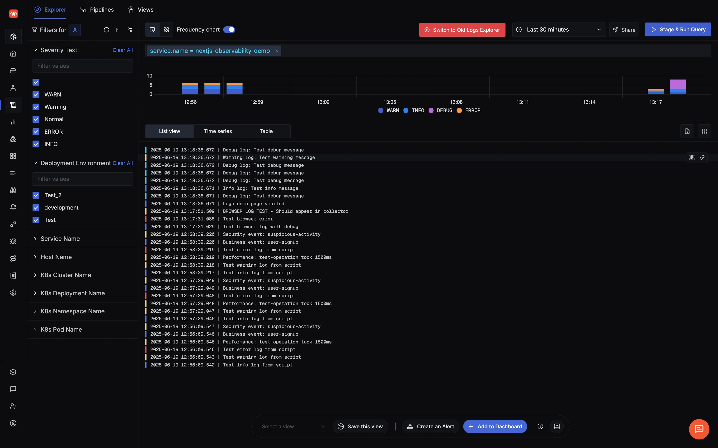 SigNoz logs interface showing structured logs with trace correlation and filtering options