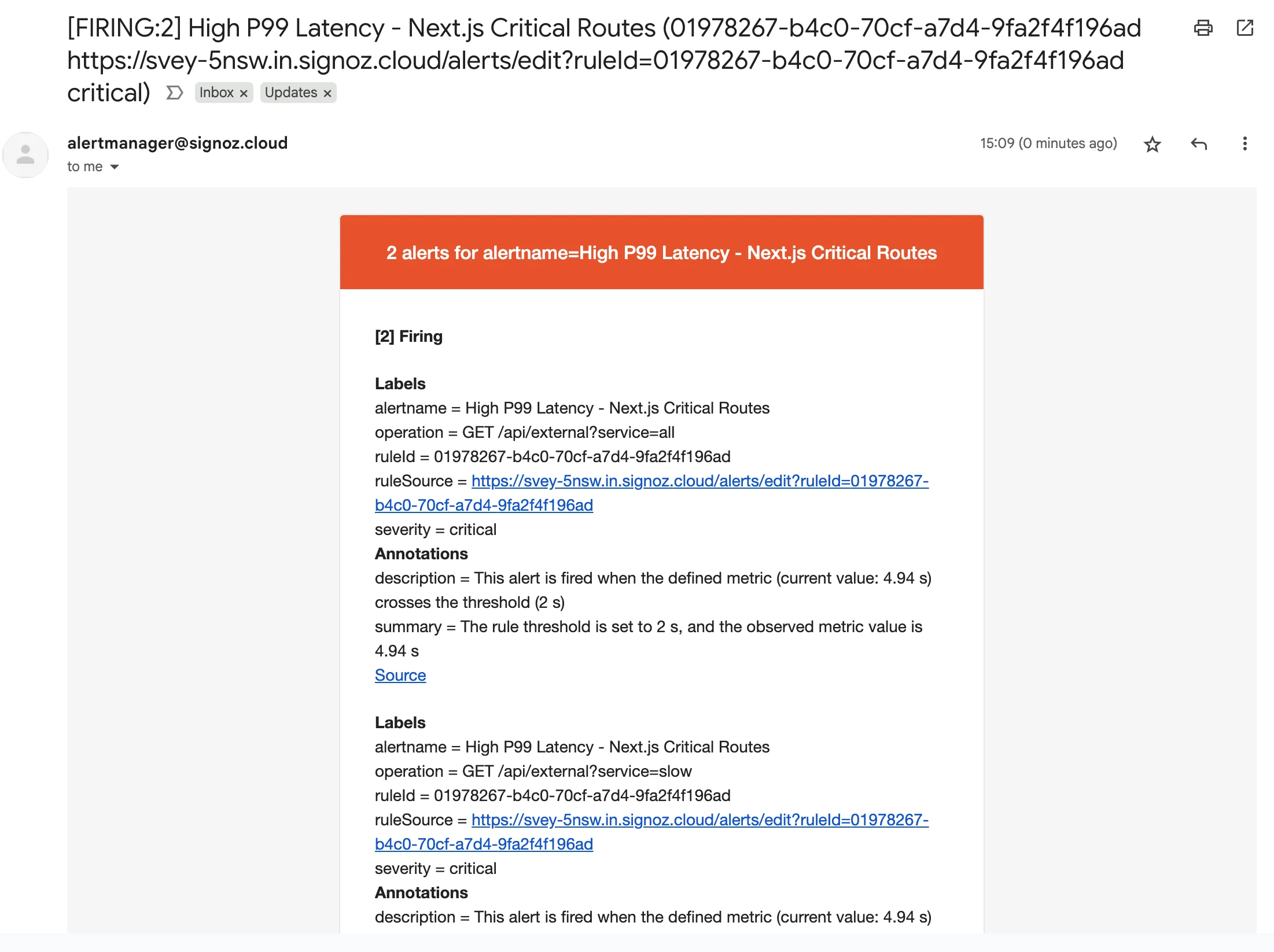 Email notification for alert