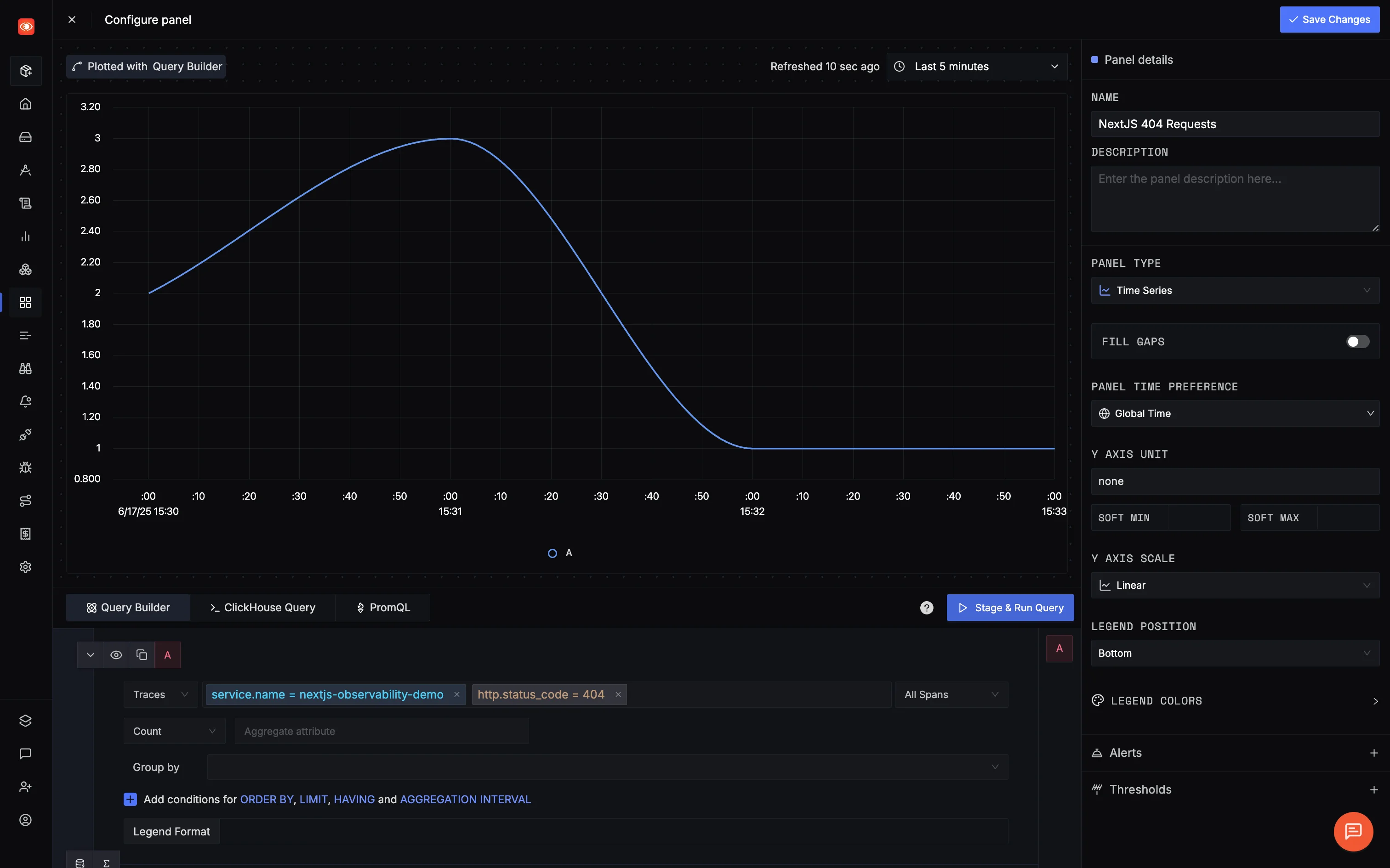 SigNoz dashboard creation interface showing query builder with visualization options for 404 monitoring