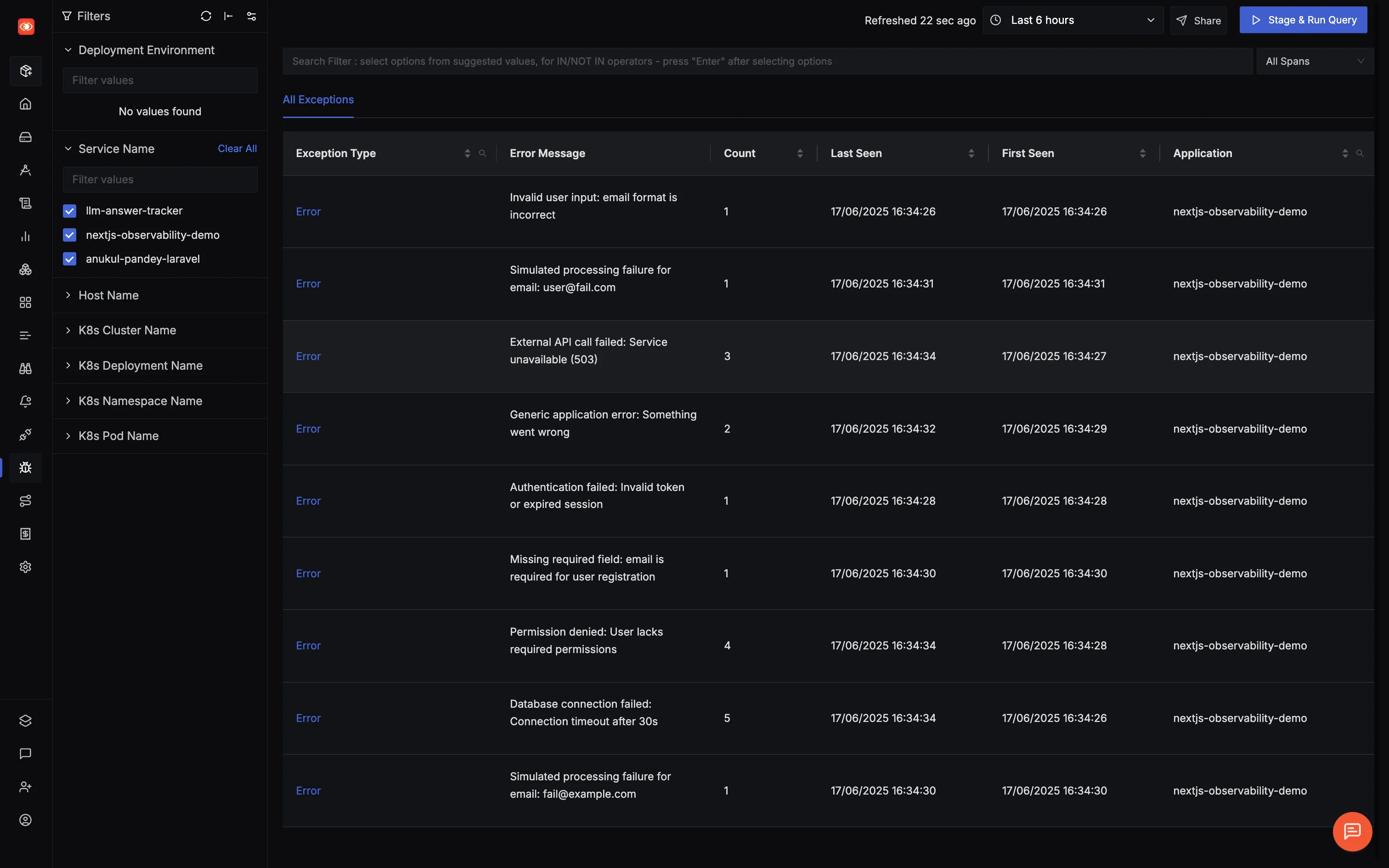 SigNoz Exceptions tab showing grouped exceptions by service, type, and message