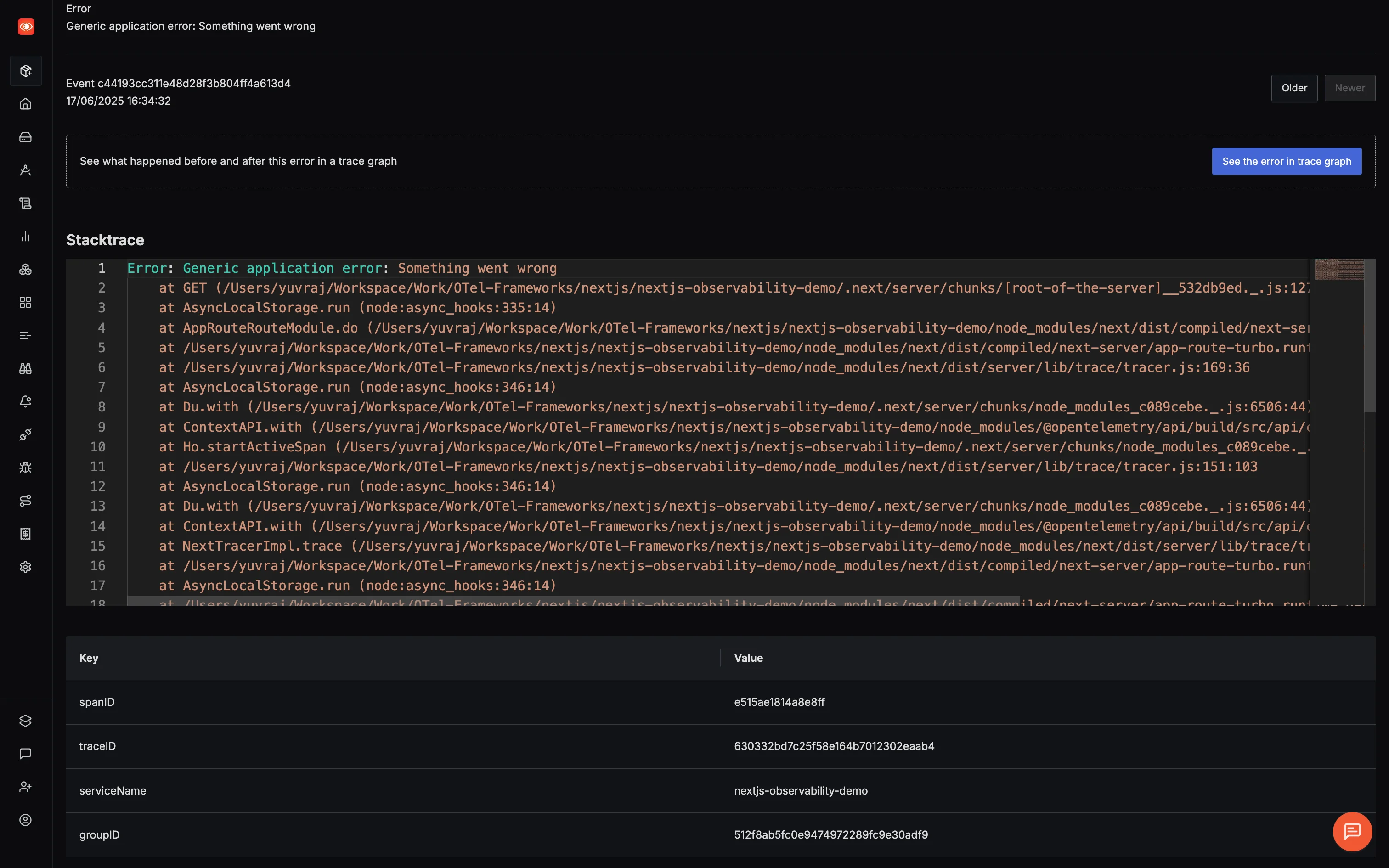 SigNoz exception details view showing full stack trace, span metadata, and trace ID