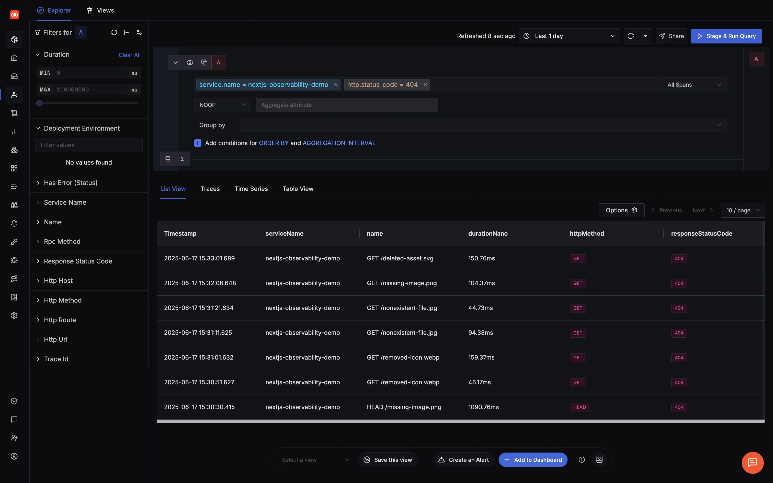 SigNoz Traces Explorer showing 404 error filtering with service name and HTTP status code filters applied