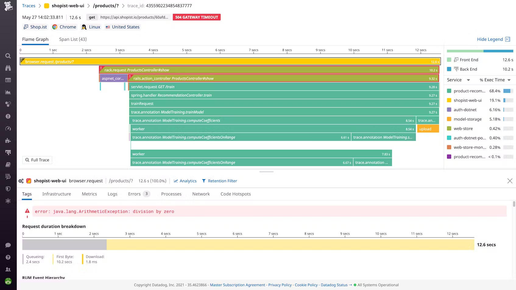 Datadog tracing UI showing a detailed trace view