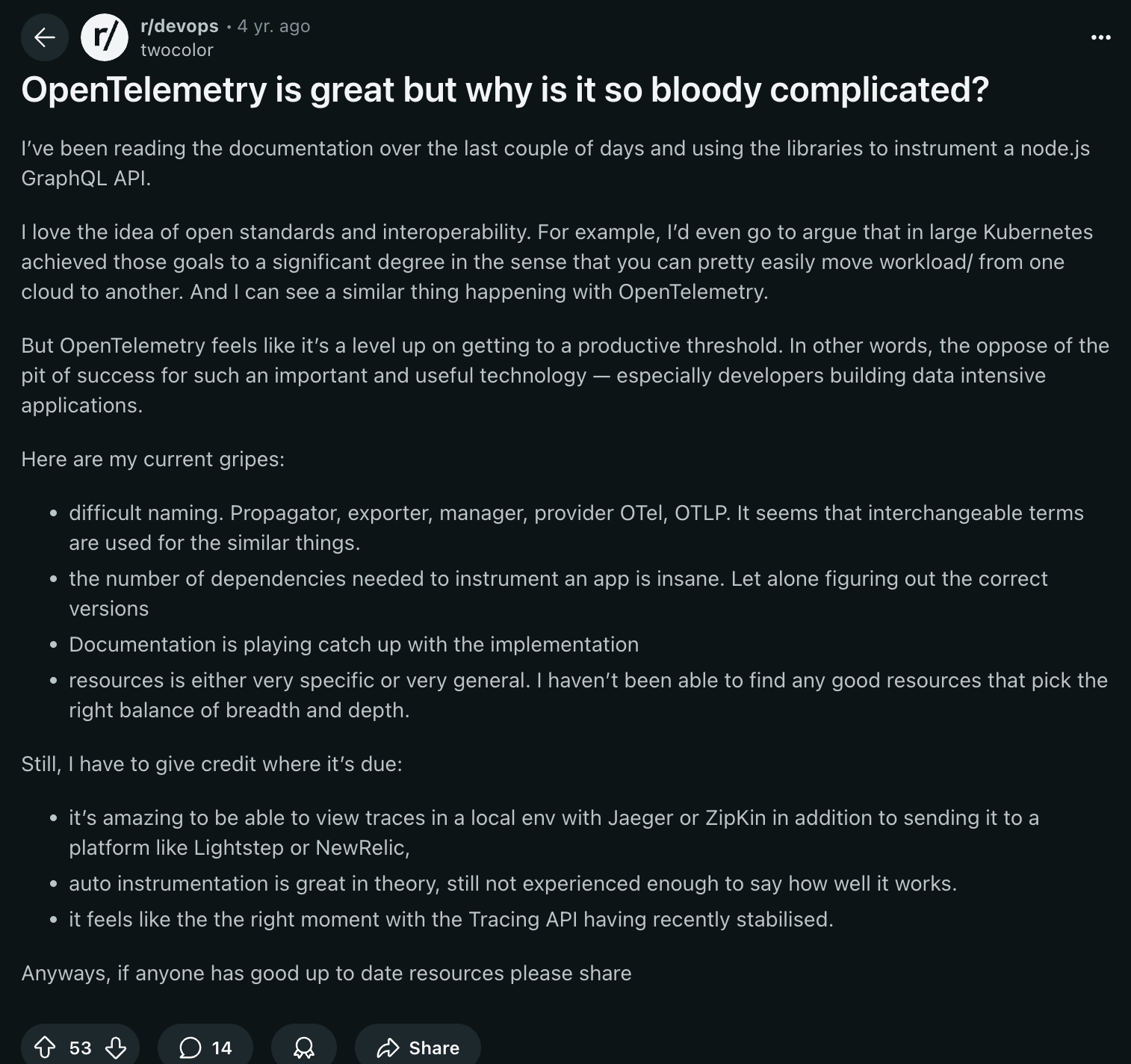 Reddit thread on why OTel can be complicated