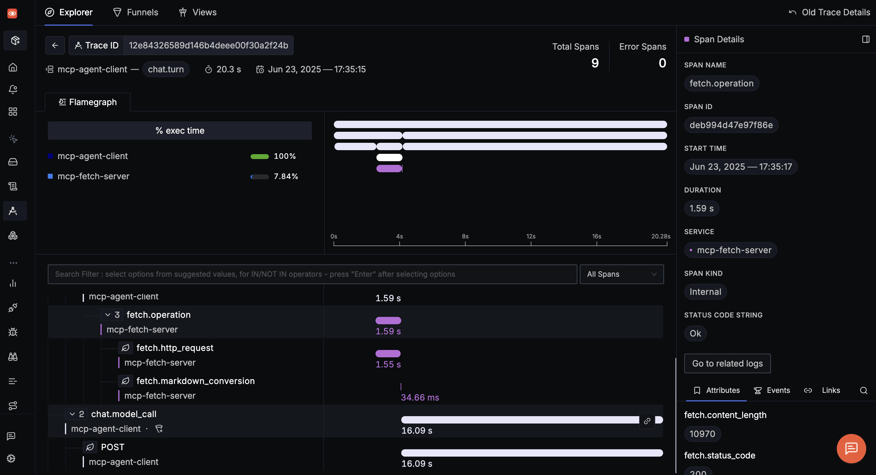 Set of metrics collected by OTel in an MCP system visualised in SigNoz