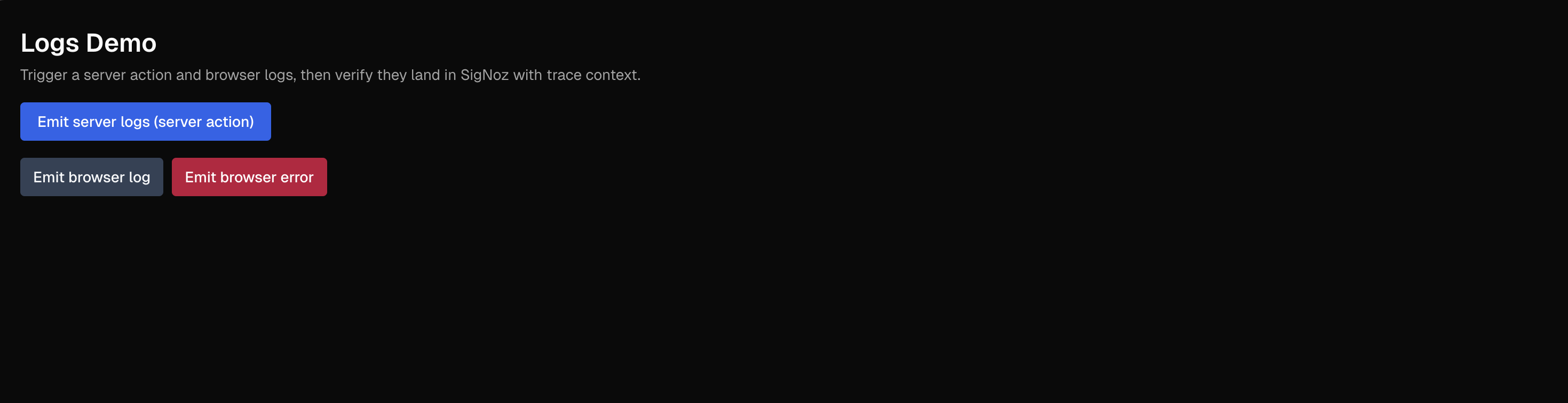 NextJS logging demo page with buttons for server and client logs