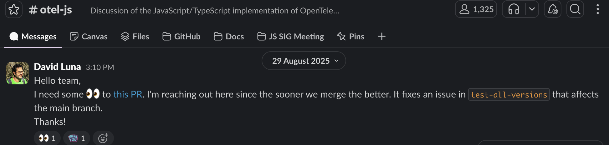 A message in the Slack channel asking for a review