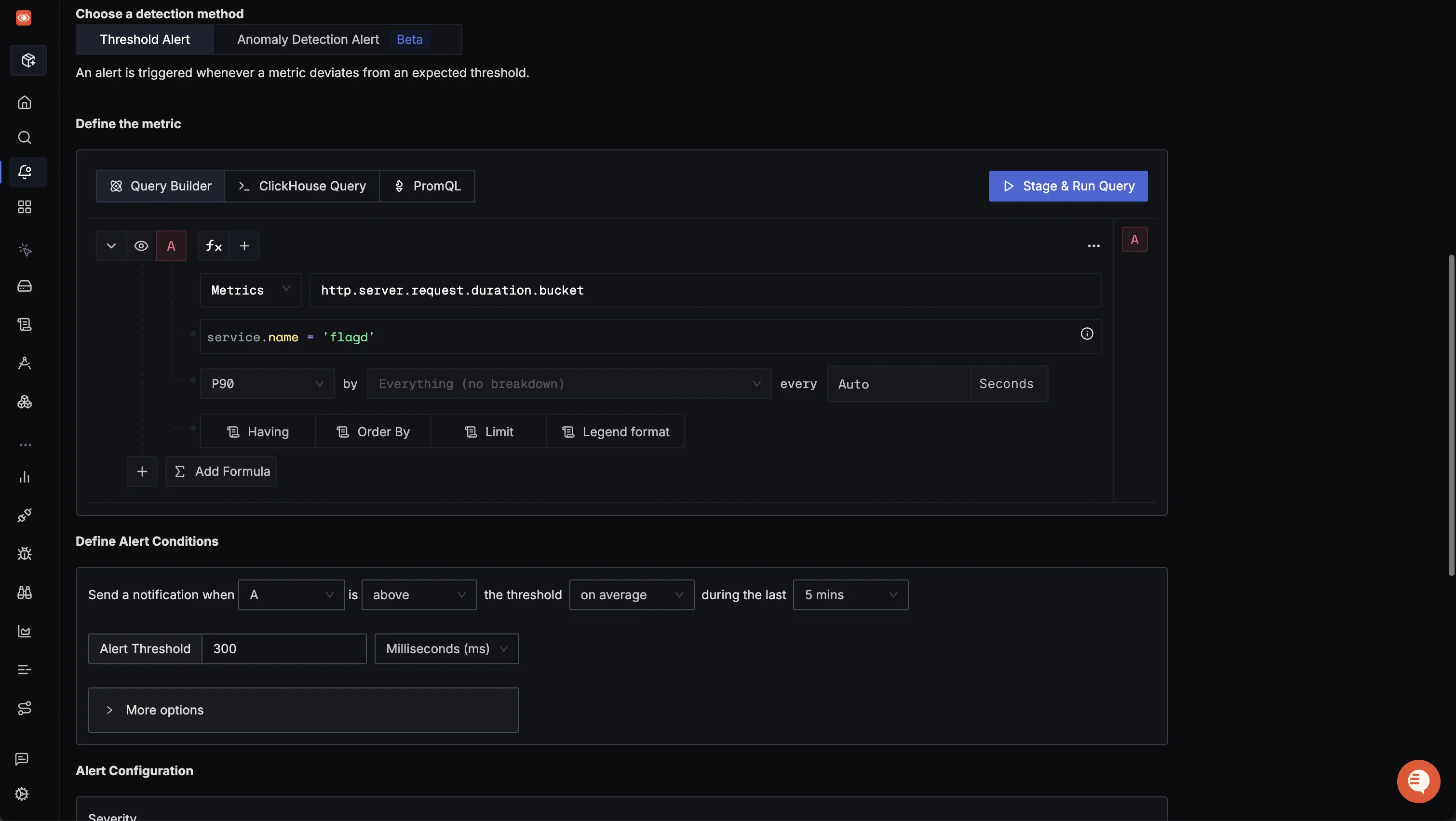 A view of the SigNoz alert configuration process: visualize and define the query, link alert with Slack channels.