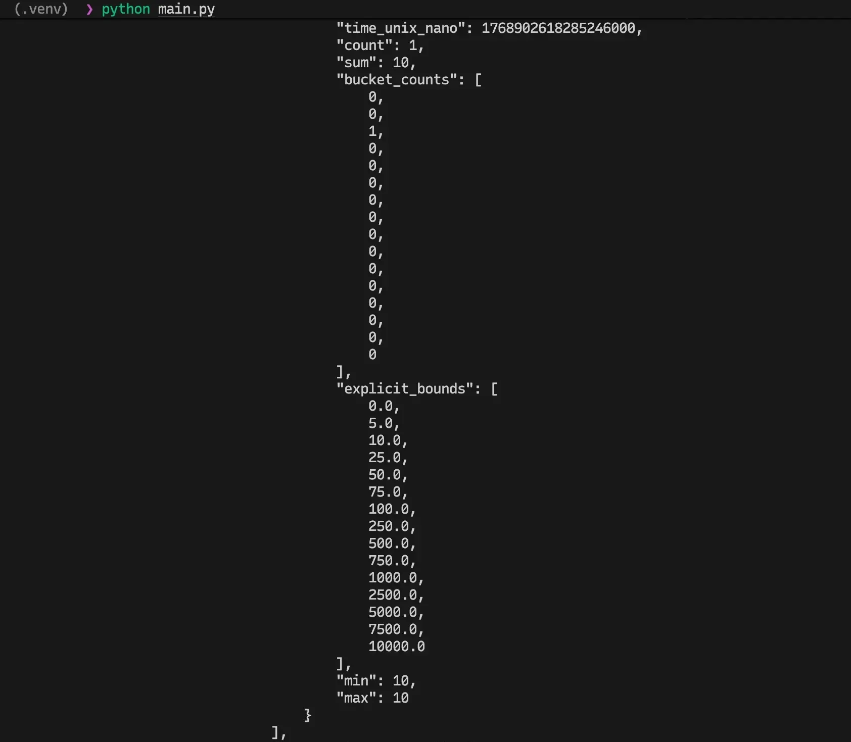Exporting metrics data for an explicit bucket histogram configured with default bucket boundaries.