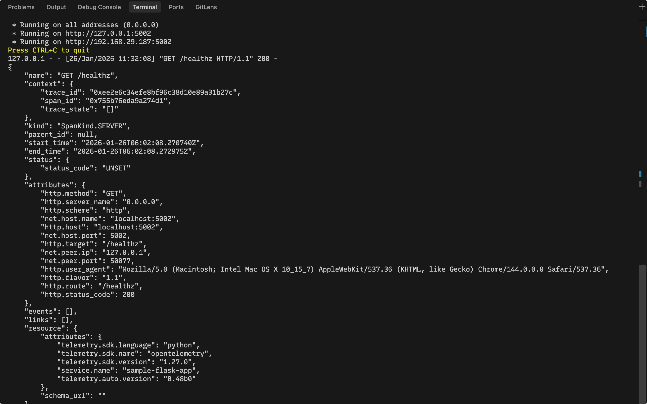 A view of the OTel SDK exporting trace data to the console.