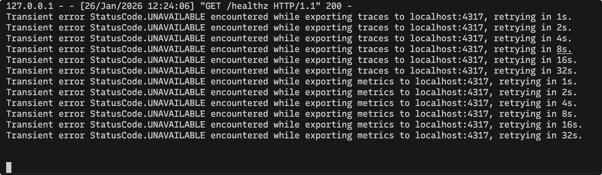 For transient errors, the exporter retries data export with exponential backoff.