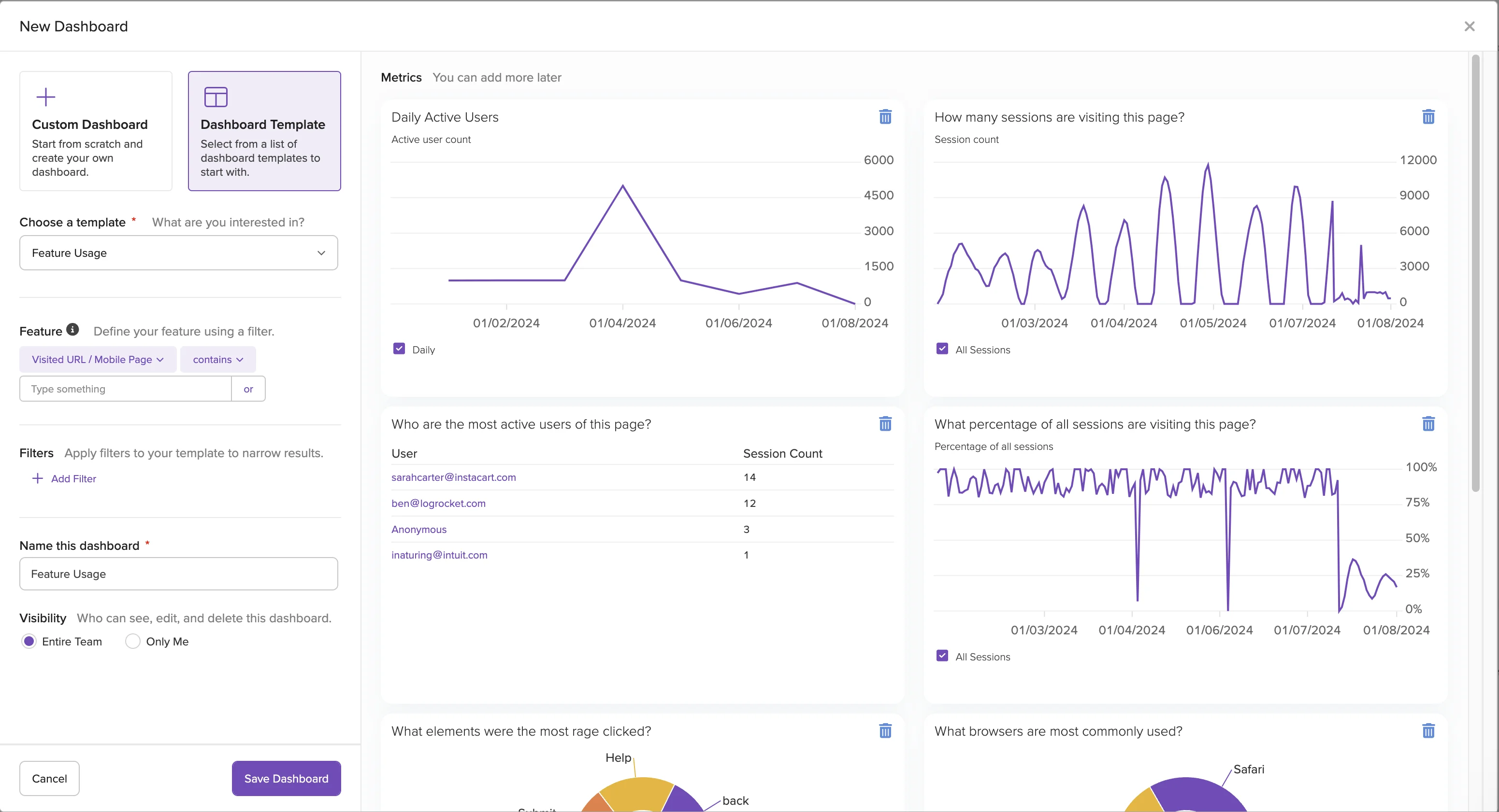 LogRocket dashboard