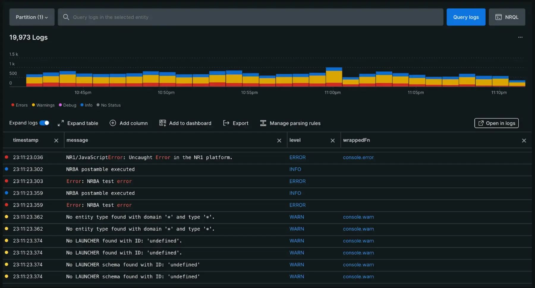 New Relic Dashboard showing browser logs.