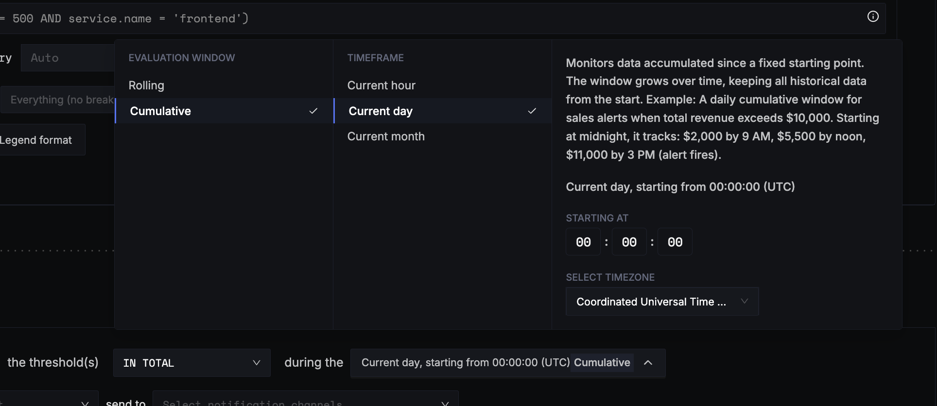 Select cumulative window alerts
