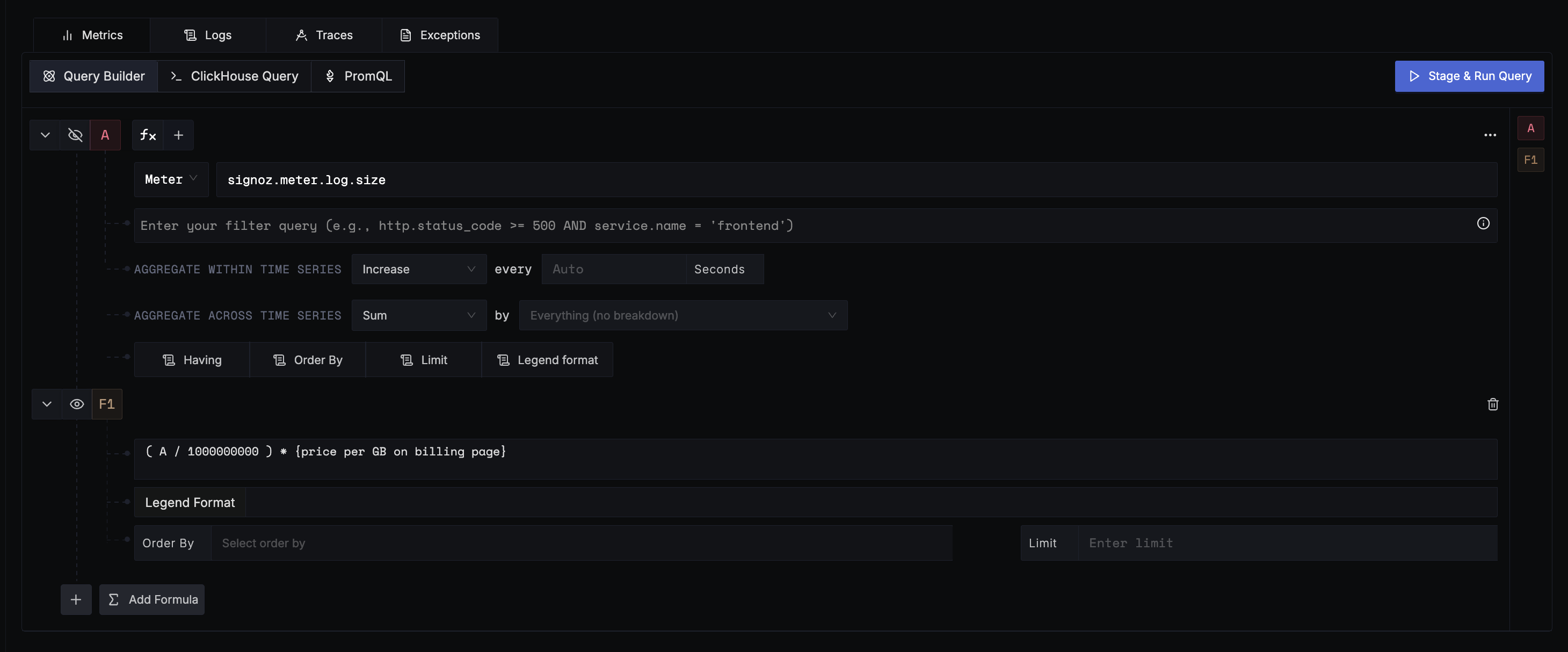 Query for logs ingestion size with formula for calculating the price