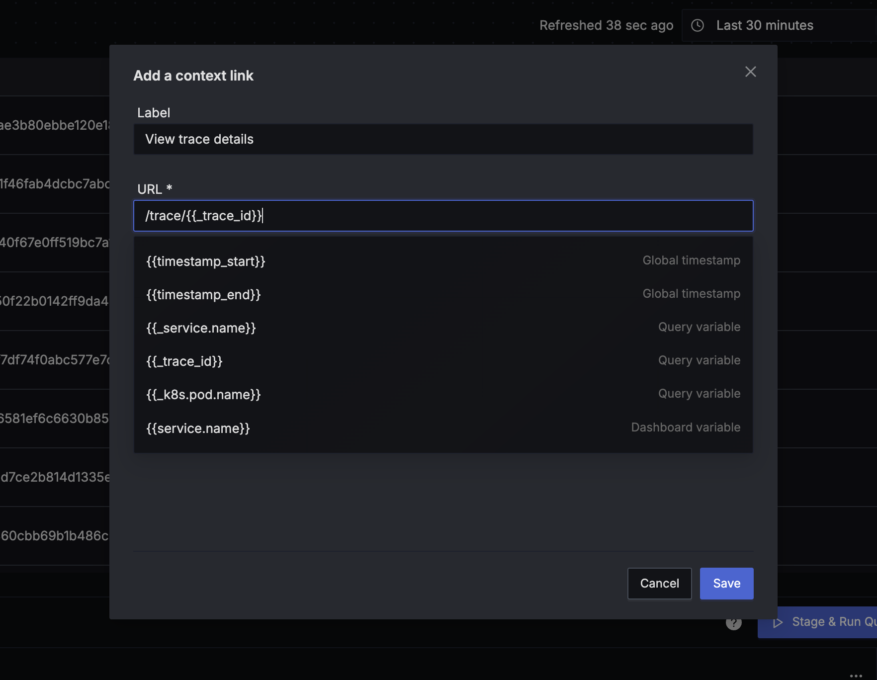 Configuring a Context Link with label, URL template, and query parameters