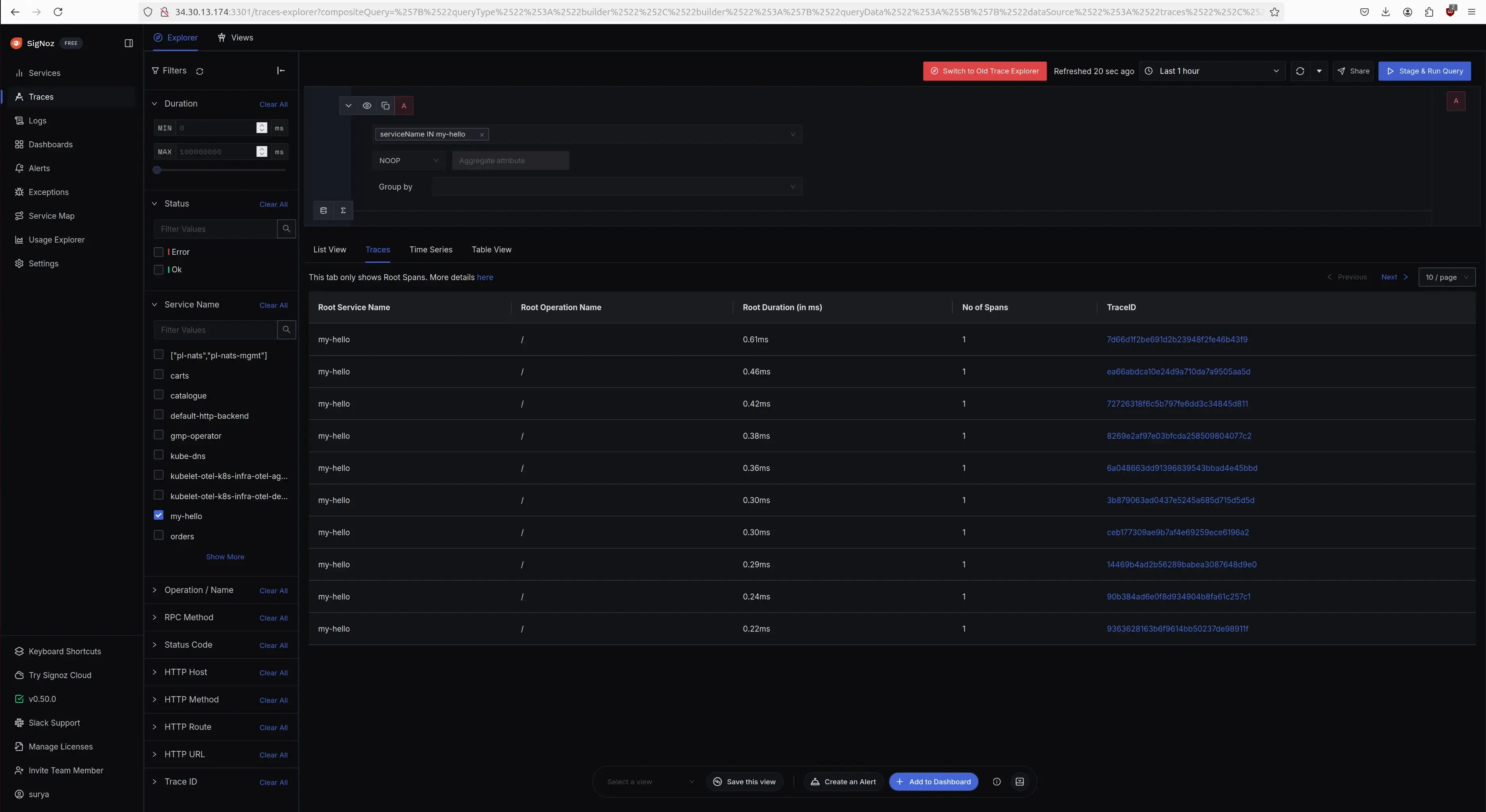 Traces in SigNoz Dashboard