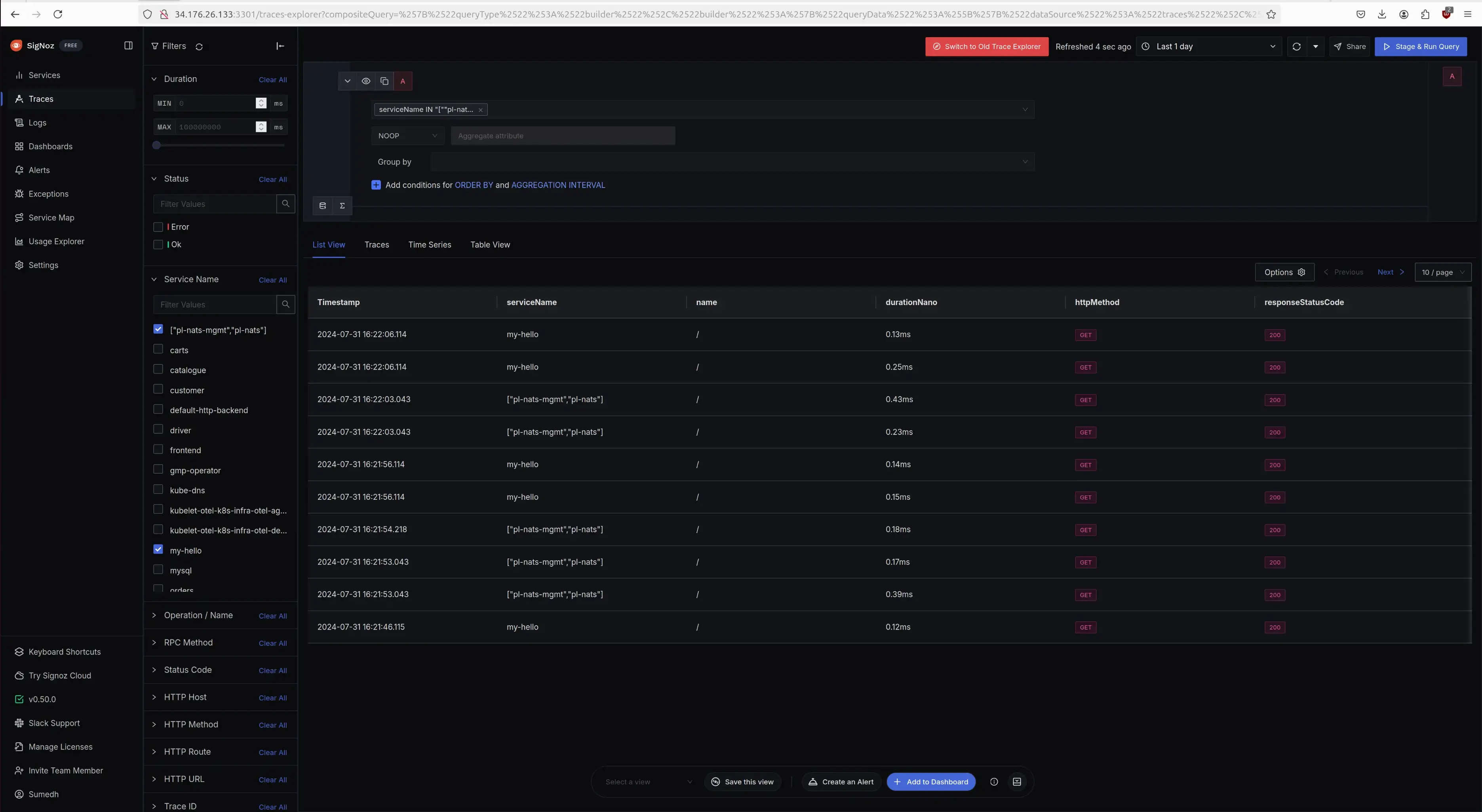 Traces in SigNoz Dashboard