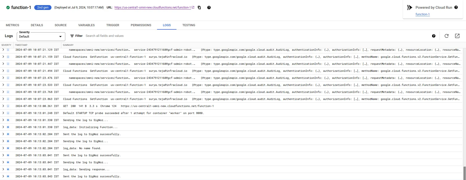 Cloud Function Logs