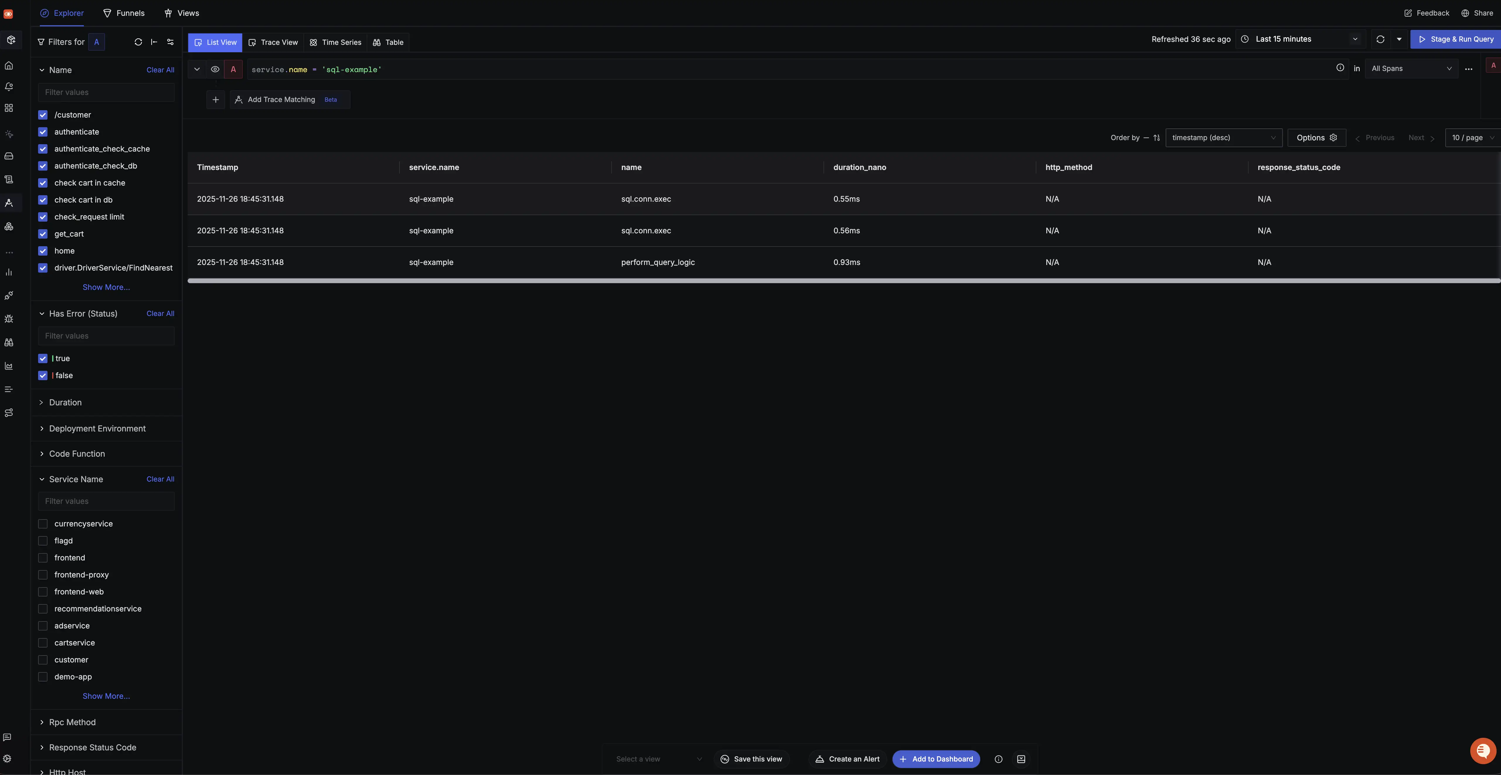 Go application traces list in SigNoz