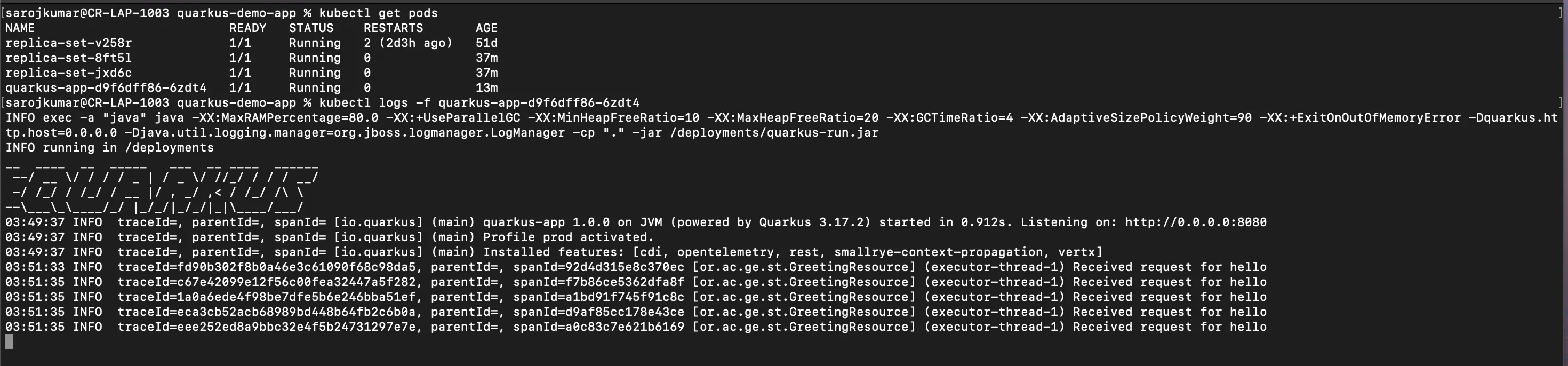 Quarkus application deployed on Kubernetes