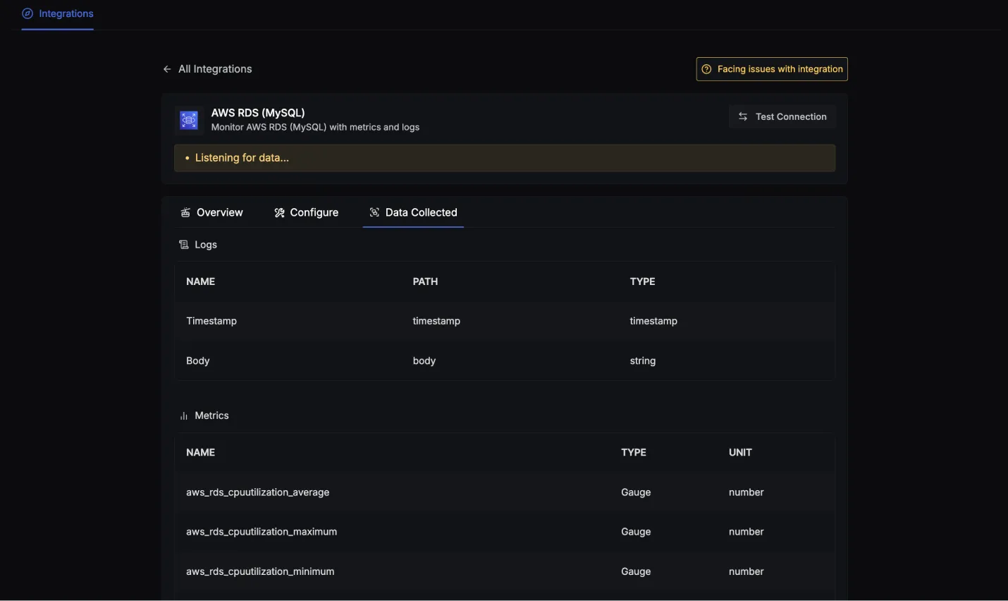 AWS RDS (MySQL) Metrics and Logs | SigNoz