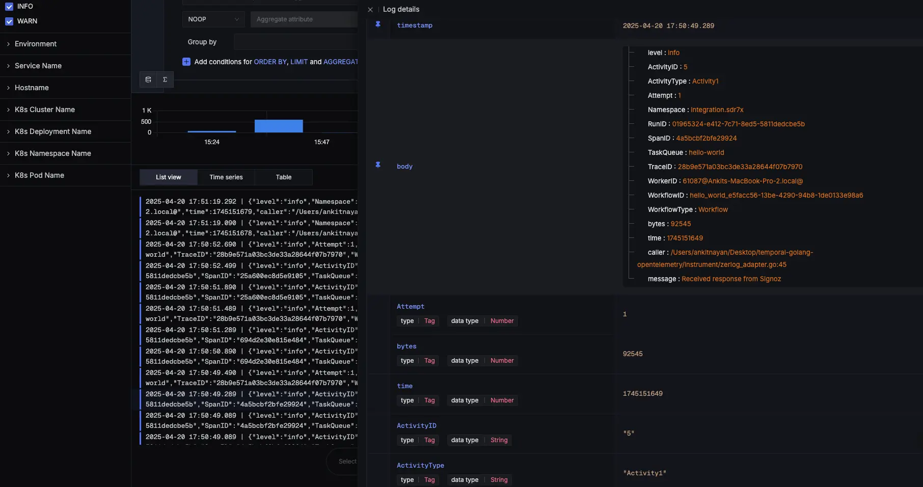 Json logs from a temporal application
