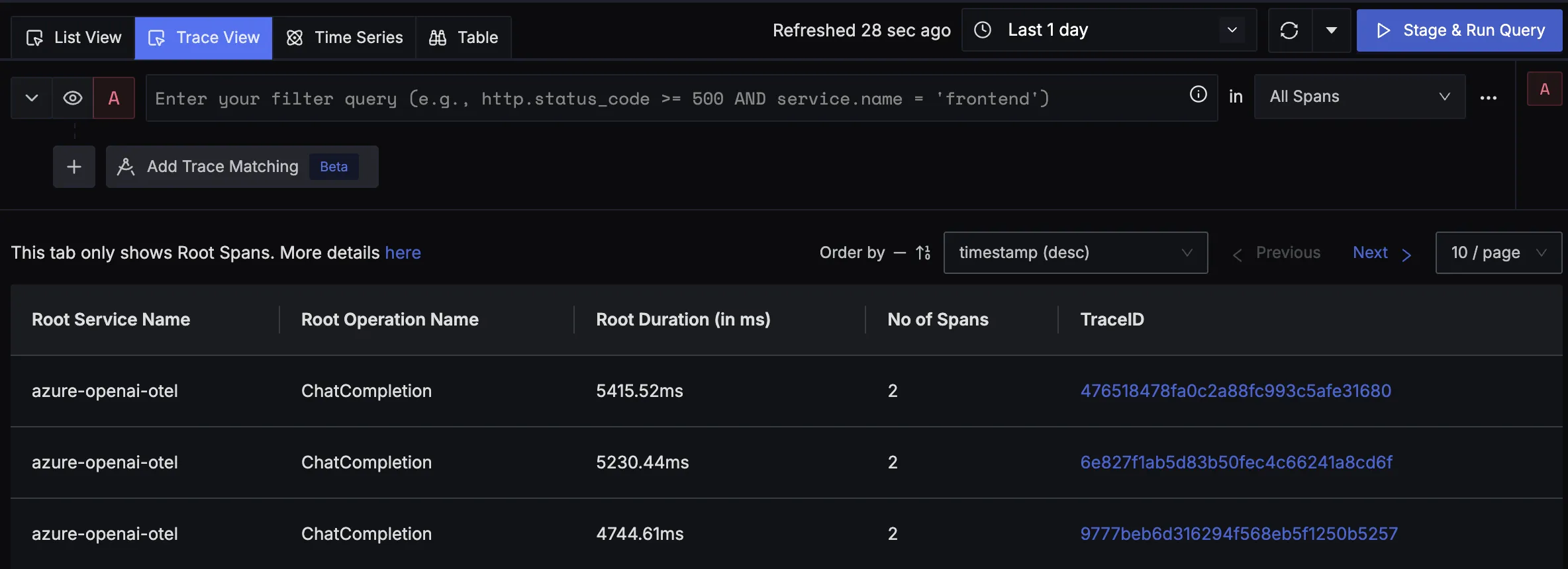 Azure OpenAI Trace View
