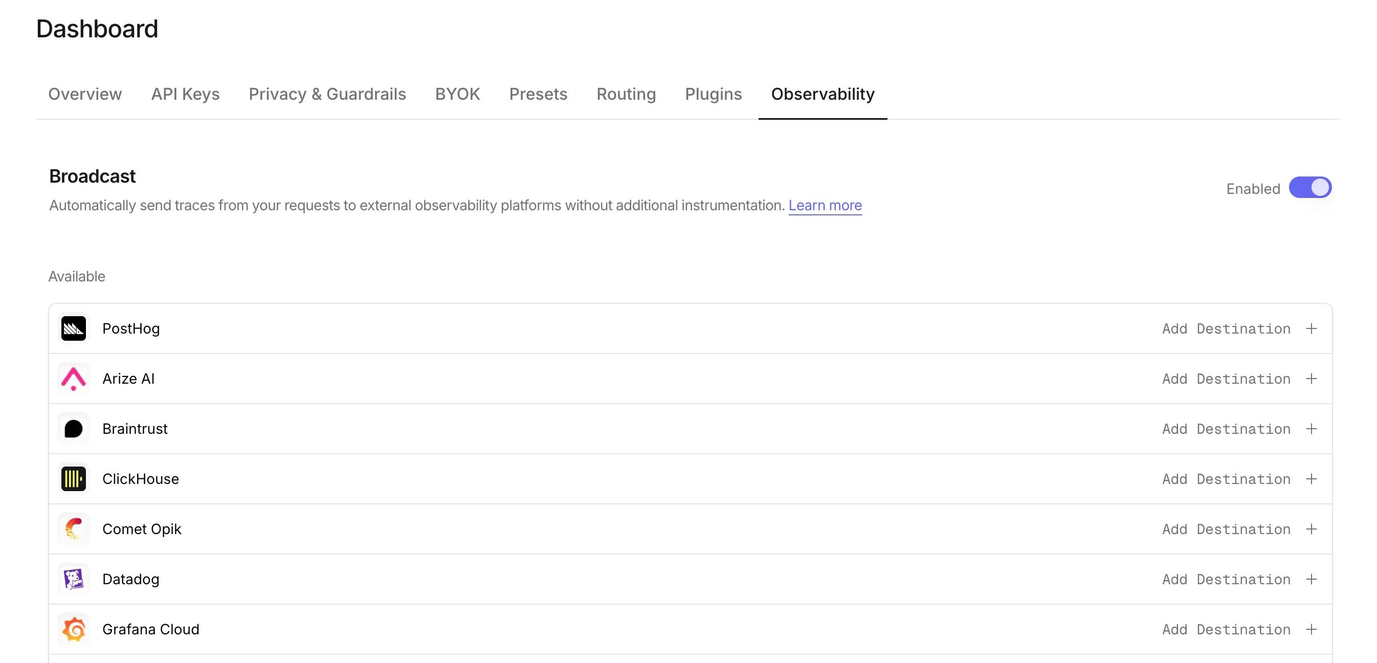 OpenRouter Enable Broadcast Toggle