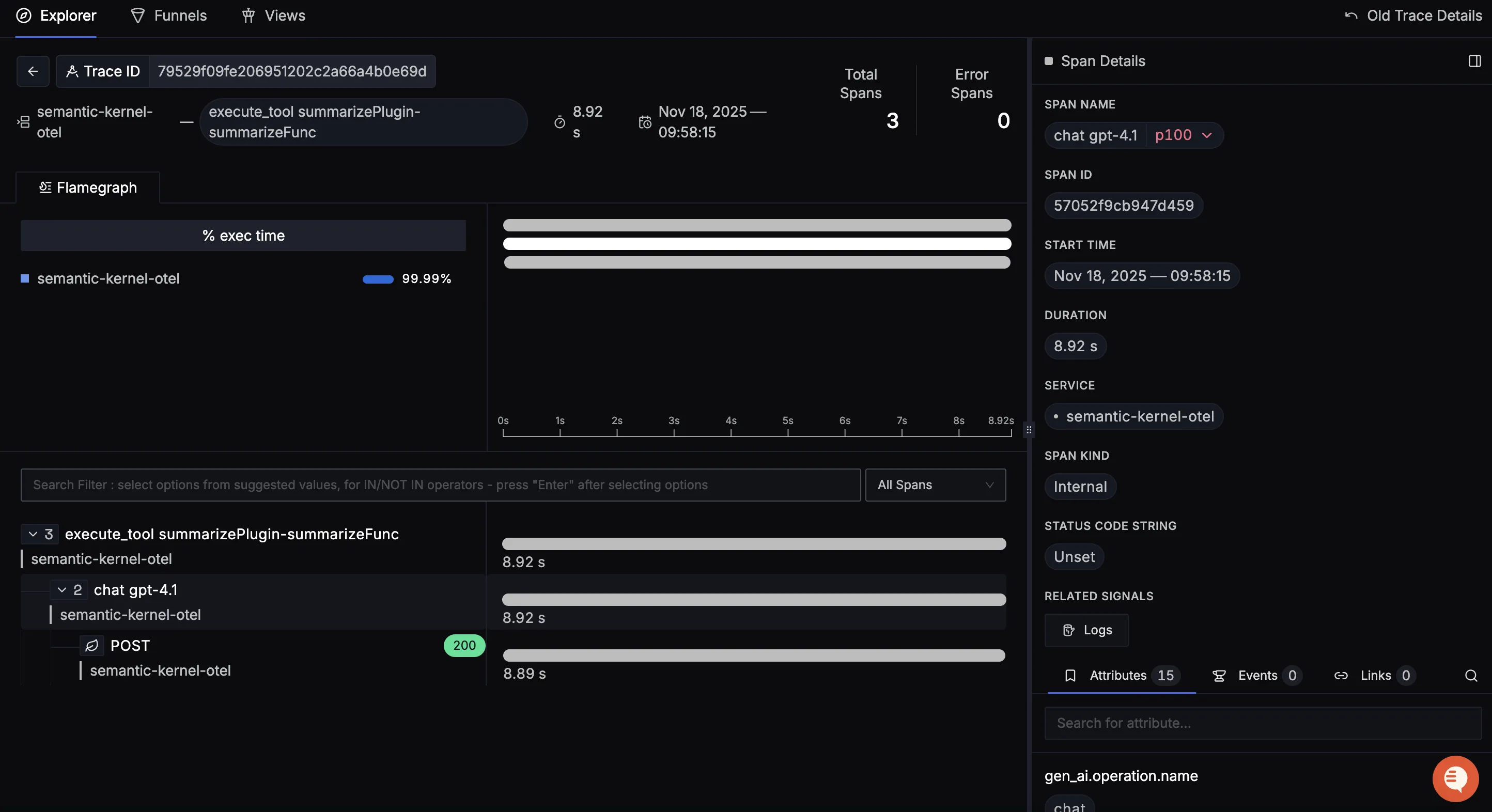 Semantic Kernel Detailed Trace View