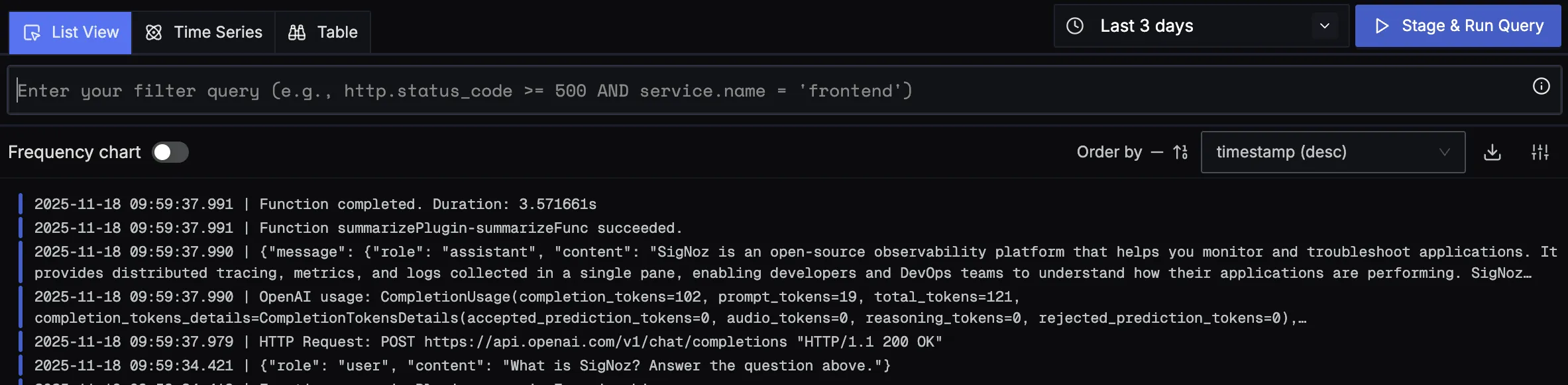 Semantic Kernel Logs View