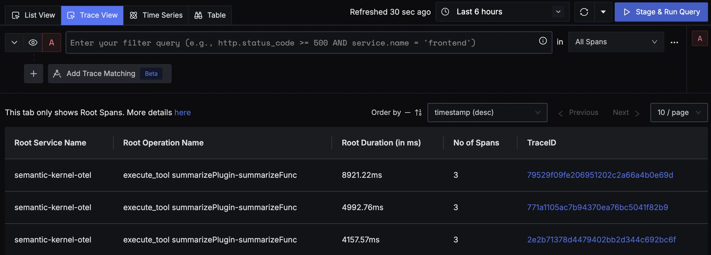 Semantic Kernel Trace View
