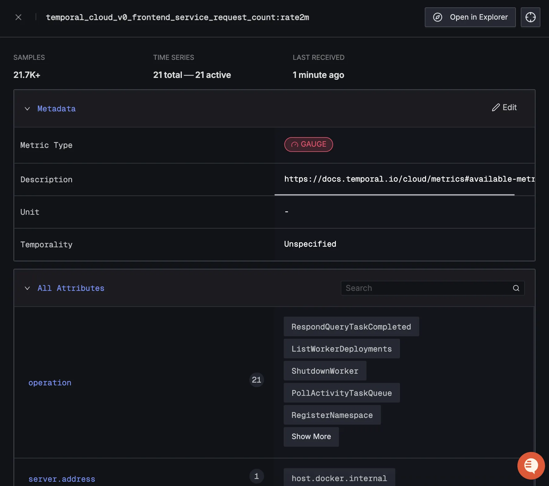 Temporal Cloud Detailed Metrics View