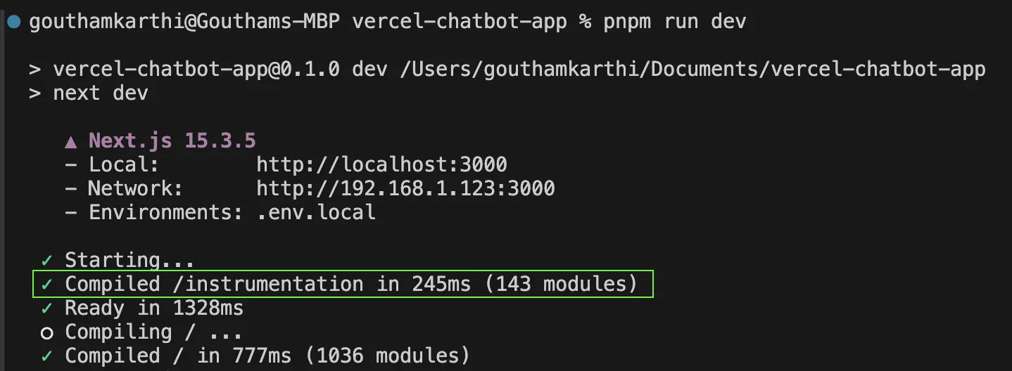 Terminal output showing OpenTelemetry initialization