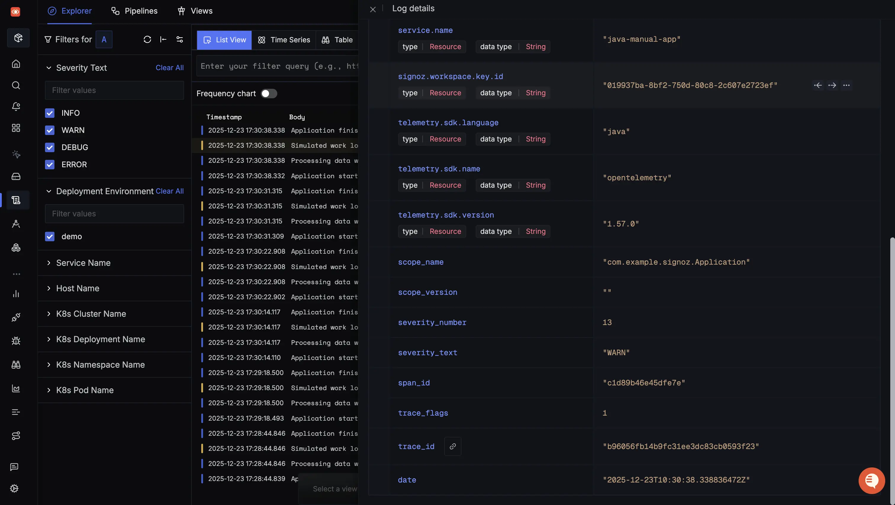 Java Application Logs Detailed View
